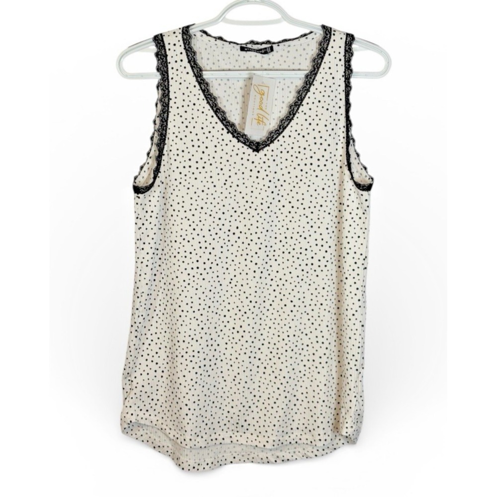 Staccato Ivory Black Polka Dot Lace Trim V Neck Sleeveless Tank Top Women's Med